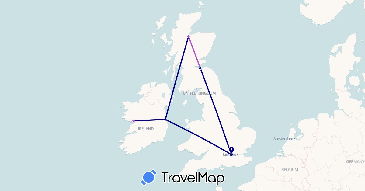 TravelMap itinerary: driving, train in United Kingdom, Ireland (Europe)